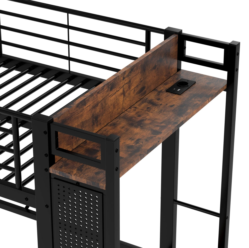 Letto a soppalco 90x200 cm nero con contenitore integrato e LED, senza materasso
