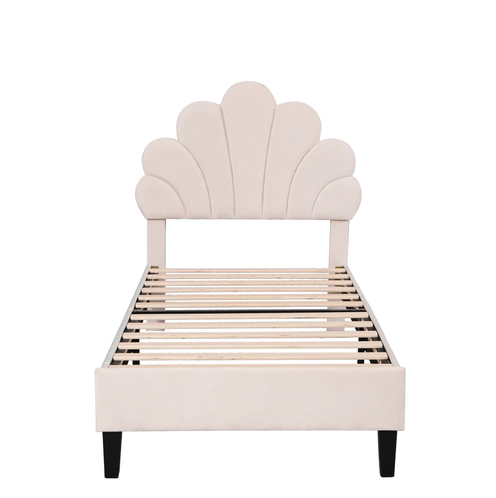 Letto imbottito 90x200 cm; testiera floreale; velluto beige (Senza materasso)