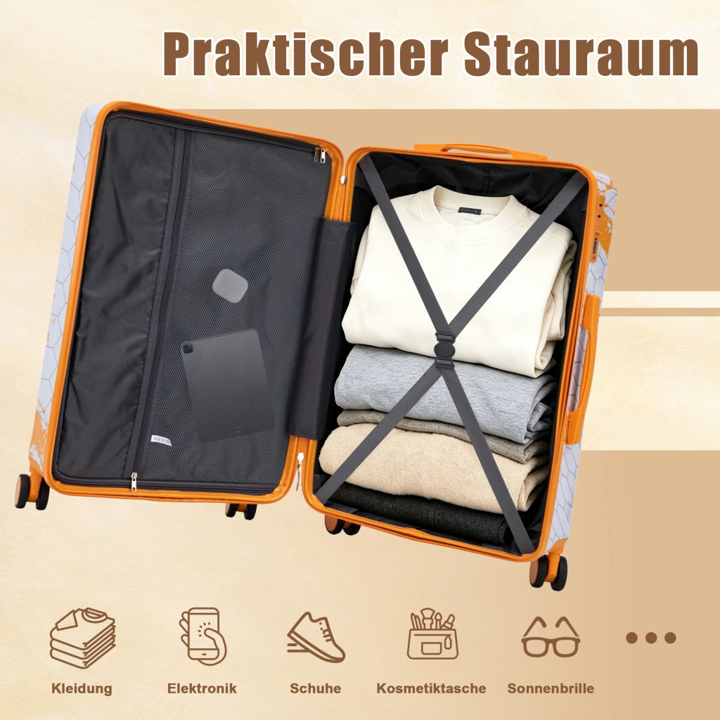 Set di 3 valigie da 20"/24"/28" in materiale PC con stampa fantasia e lucchetto a combinazione (arancione)