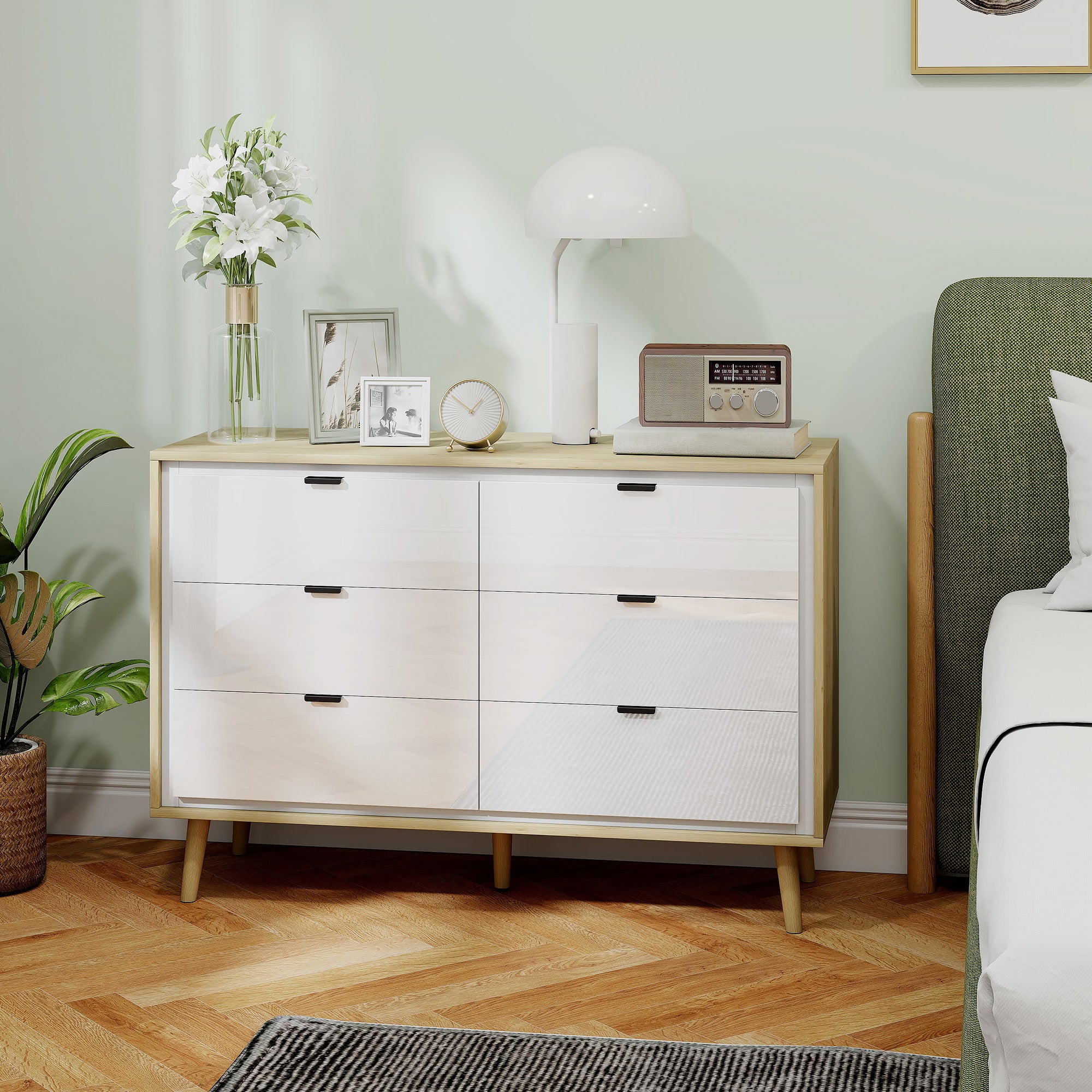 Cassettiera con 6 Cassetti 110x40x75 cm in Legno Bianco Lucido e Rovere