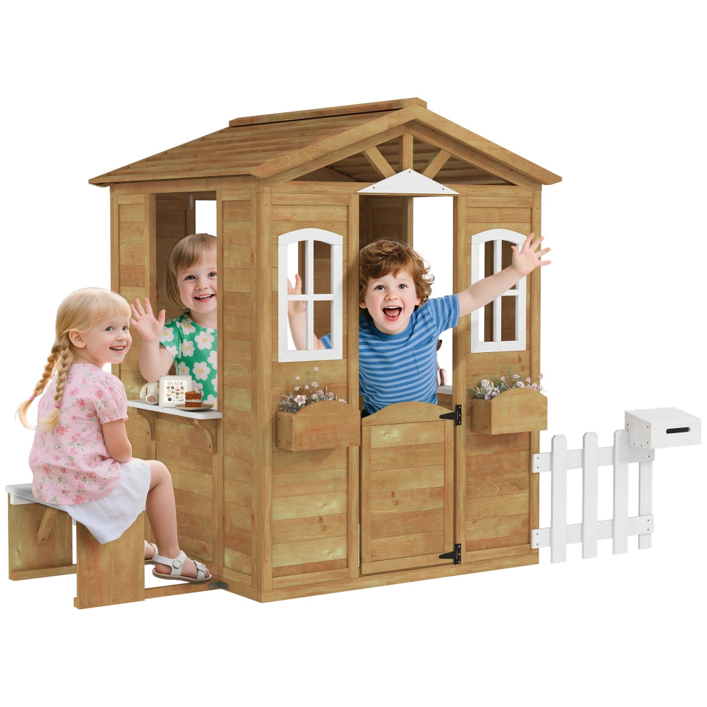 Casetta in legno per bambini con porta, finestre, panchina e recinzione ¨C zephmum ¨C per 3-6 anni