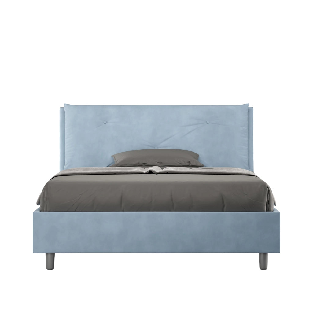BS COM Letto matrimoniale francese con rete imbottito 140x210 microfibra azzurro Large