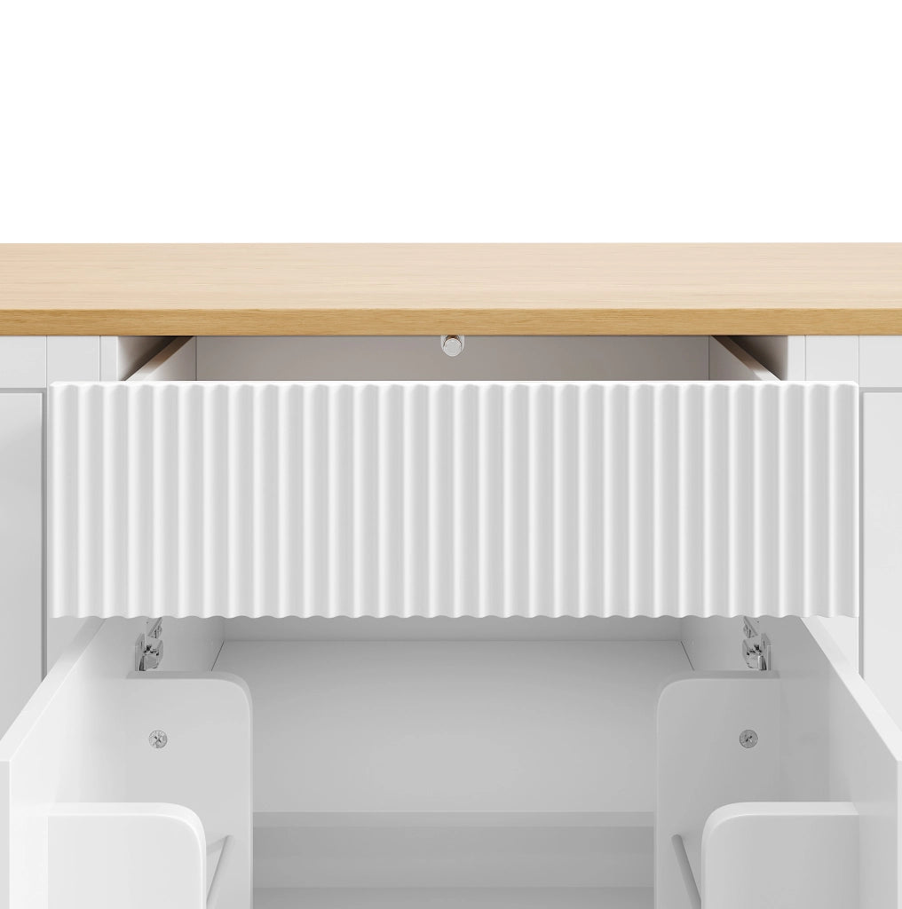Isola da cucina mobile bianca 120x50x92 cm con cassetti, ante e vano rifiuti