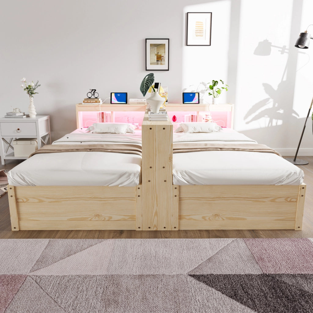Letto divano 90/180 × 200 cm con prese integrate, contenitore, LED, senza materasso, in MDF, legno naturale