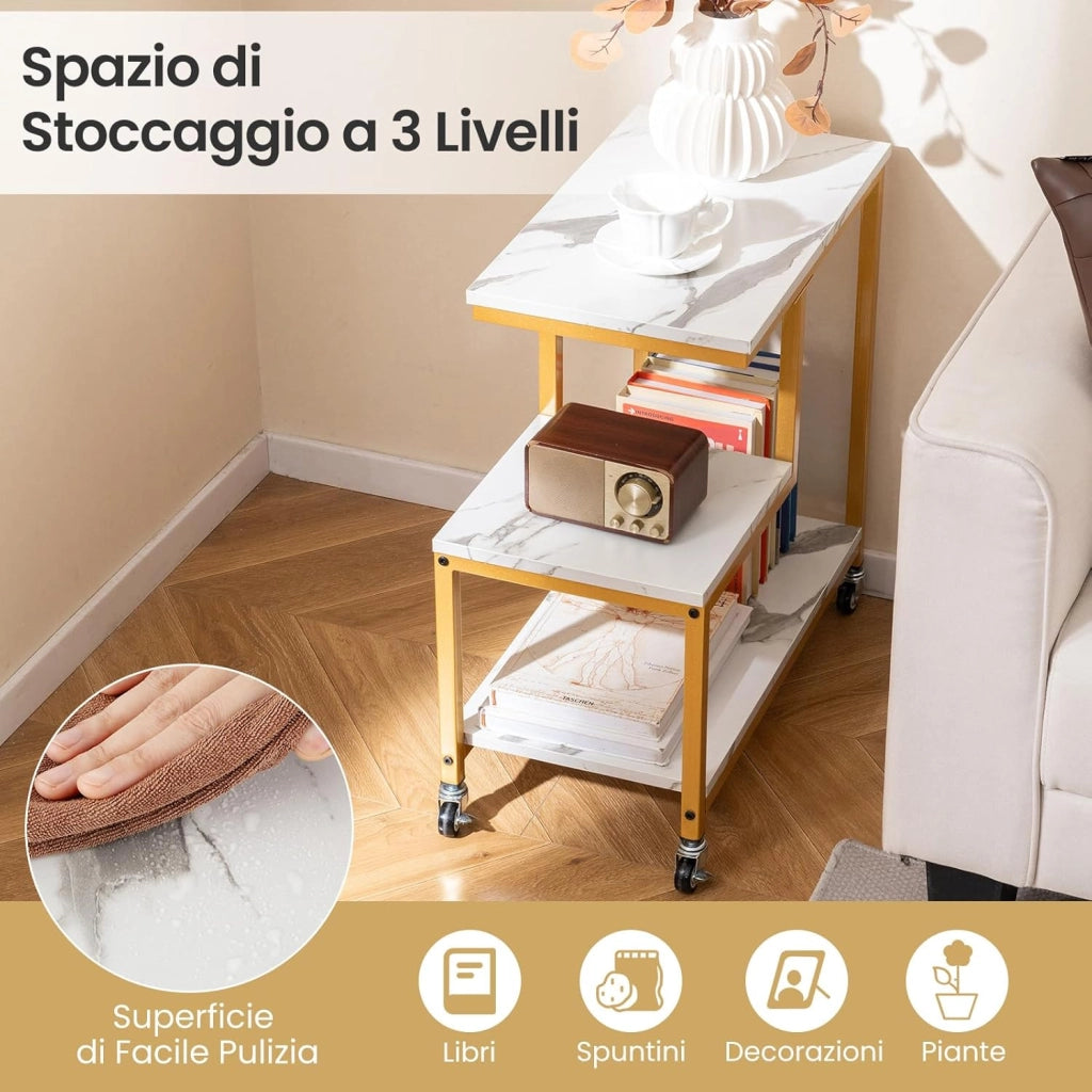 Tavolino a 3 Livelli, Tavolino Laterale a Forma di G con Ruote Bloccabili e Mensole Aperte, Tavolino Moderno da Salotto, Camera da Letto e Studio