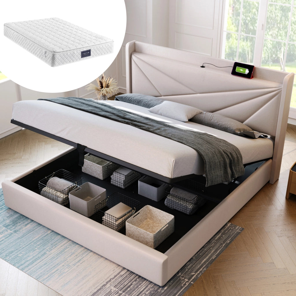 Letto matrimoniale – 140x200 cm – USBC contenitore con materasso – lino