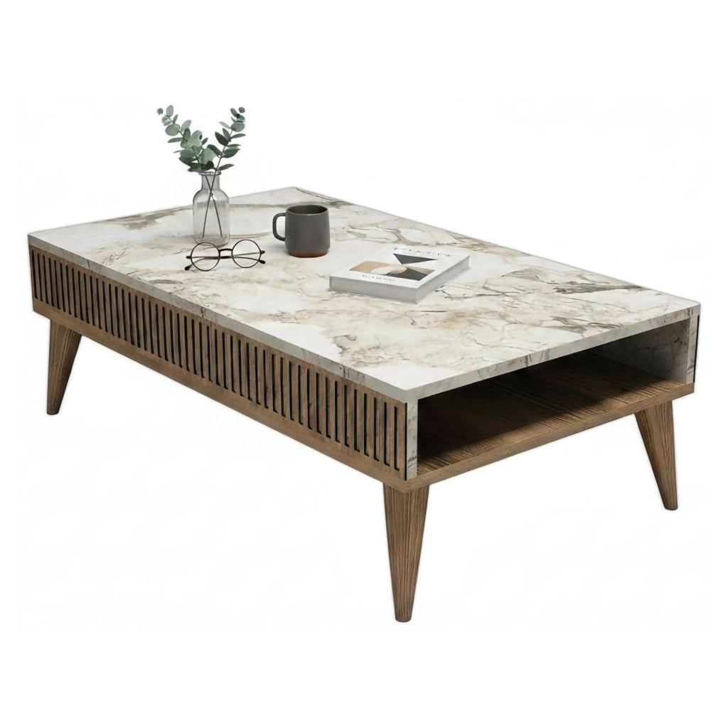 Tavolino da salotto Atrani, Tavolo basso da caffè, Portariviste per divano, Ripiano da soggiorno, 105x60h35 cm, Noce e Bianco