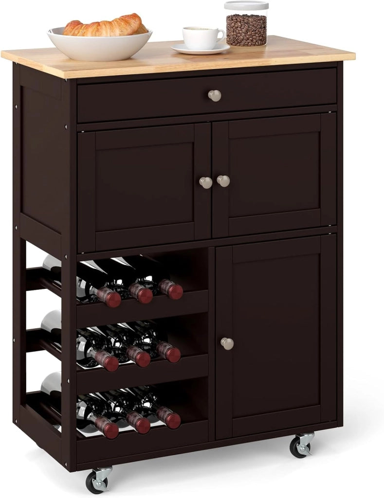 Carrello da Cucina, con Portabottiglie Tre Ante e Ruote, Credenza Cucina in Legno di Pino e MDF, Ideale per Soggiorno e Cucina, 67 x 37 x 86 cm (Marrone)
