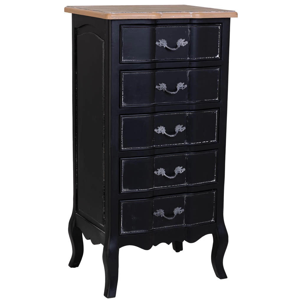 Comò in legno laccato nero invecchiato con 5 cassetti 50x40x98h cm