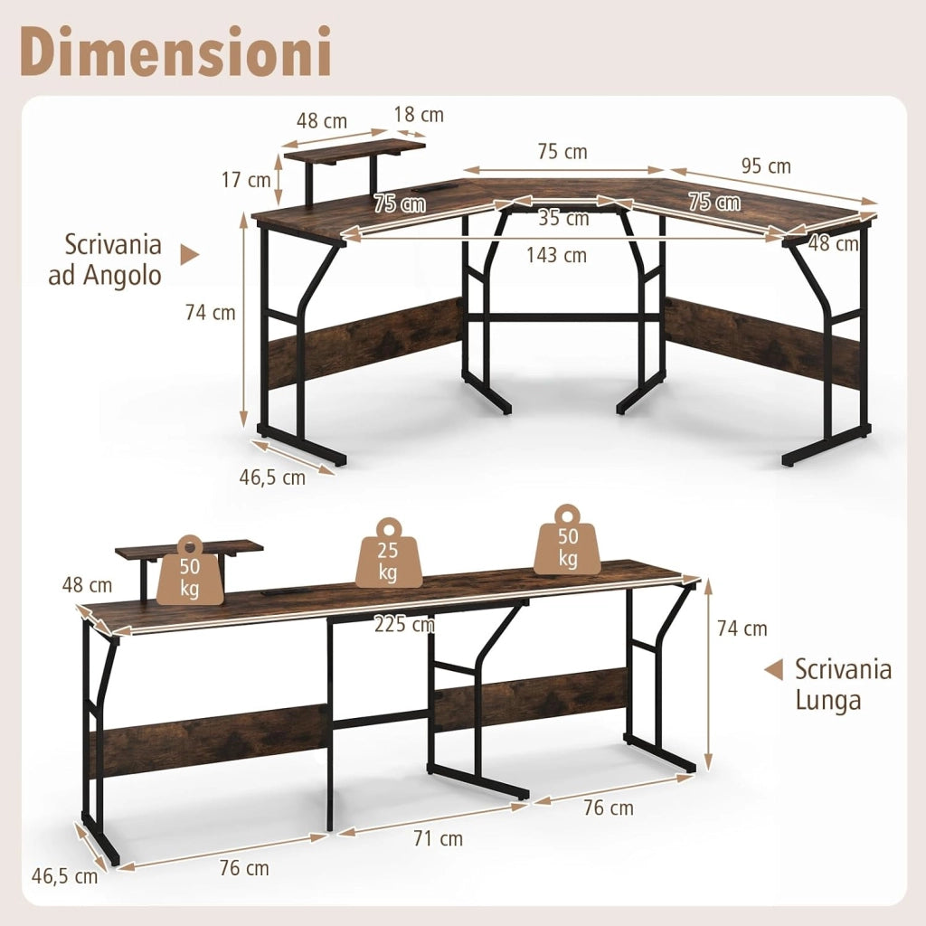 Scrivania ad Angolo a Forma di L con Presa Elettrica, Scrivania Angolare per Computer con Supporto Monitor Movibile, 225cm Postazione da Lavoro per 2 Persone per Lavoro e Gioco (Marrone)