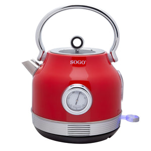 SOGO Bollitore Elettrico 1.7L – Design Retrò, Acciaio Inox, Rosso Metallizzato, Termometro Integrato, Filtro Removibile, Base 360°, 2200W