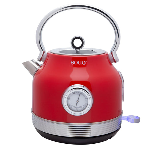 SOGO Bollitore Elettrico 1.7L – Design Retrò, Acciaio Inox, Rosso Metallizzato, Termometro Integrato, Filtro Removibile, Base 360°, 2200W