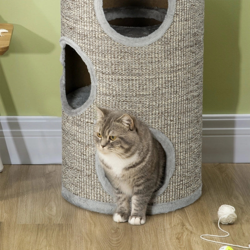 Torre tiragraffi per gatti a 3 livelli in legno, con sisal, grigio, Ø38 x 70 cm