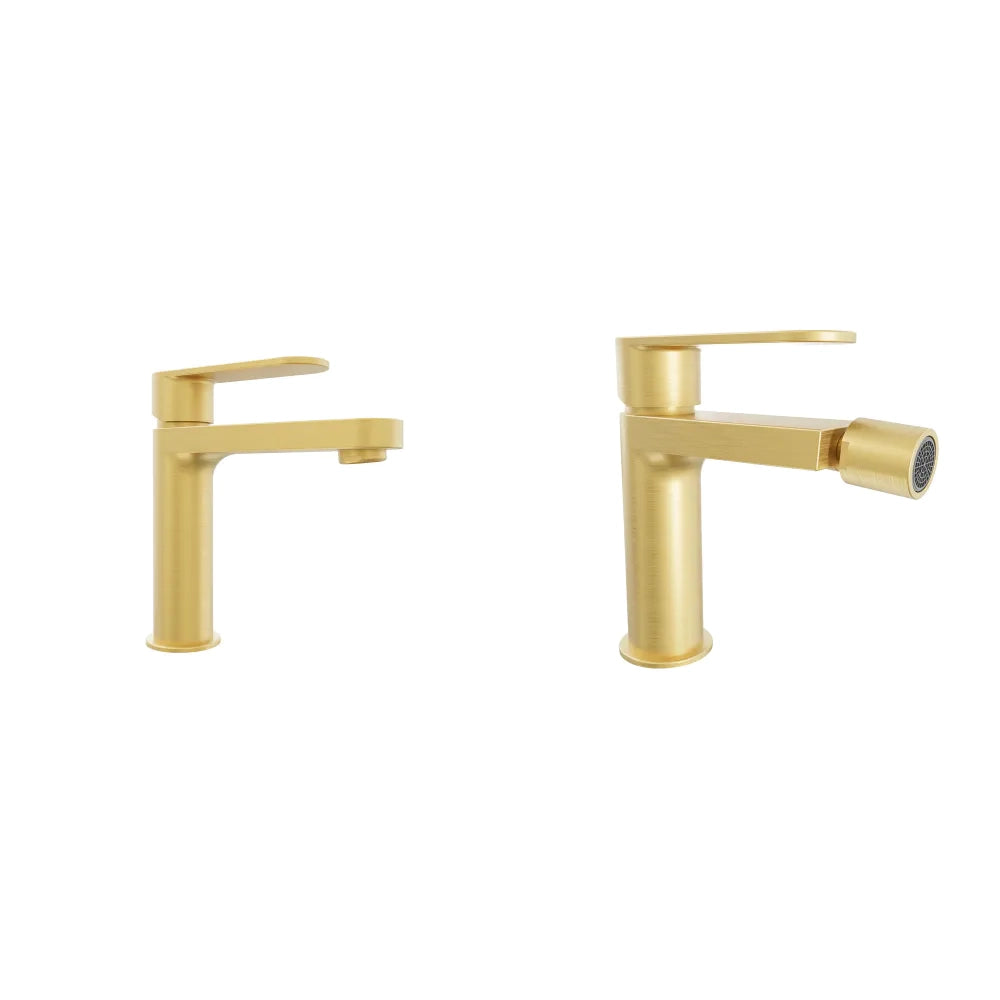 Coppia miscelatori lavabo 16cm e bidet oro spazzolato senza scarico | Margot