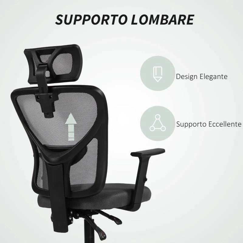SEDIA DA UFFICIO ERGONOMICA E REGOLABILE CON SUPPORTO LOMBARE E POGGIATESTA, 66X61X106-116 CM, GRIGIO