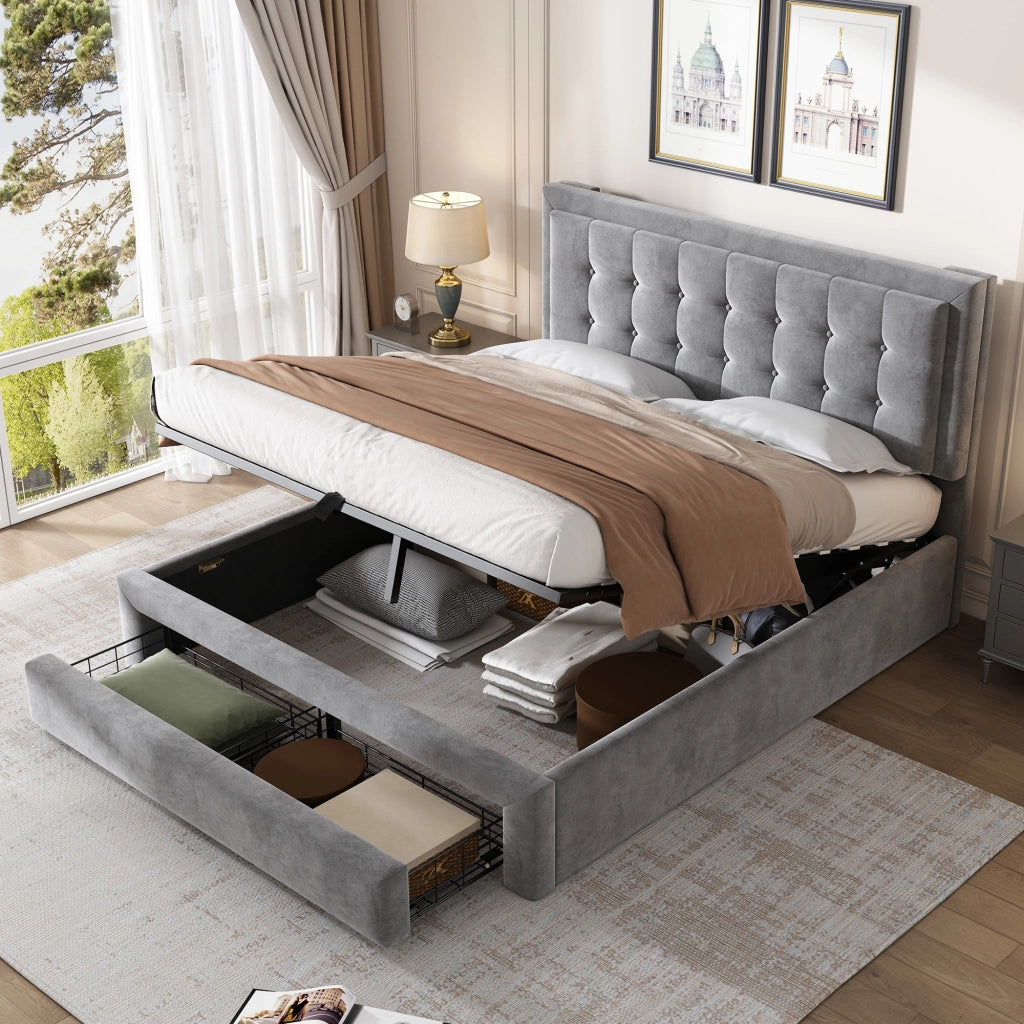 OKWISH Letto Contenitore 140×190 cm, Letto Matrimoniale con Contenitore, 2 Cassetti e Testiera Regolabile, senza Materasso, in Velluto, Grigio
