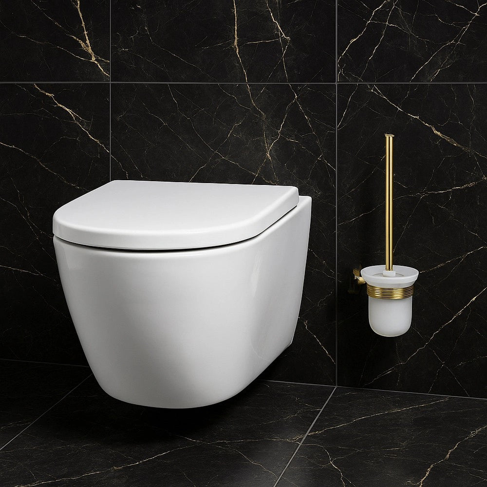 Trade Shop - Porta Scopino Per Wc In Acciaio Oro Con Bicchiere Vetro Satinato Accessorio Bagno 87935 -