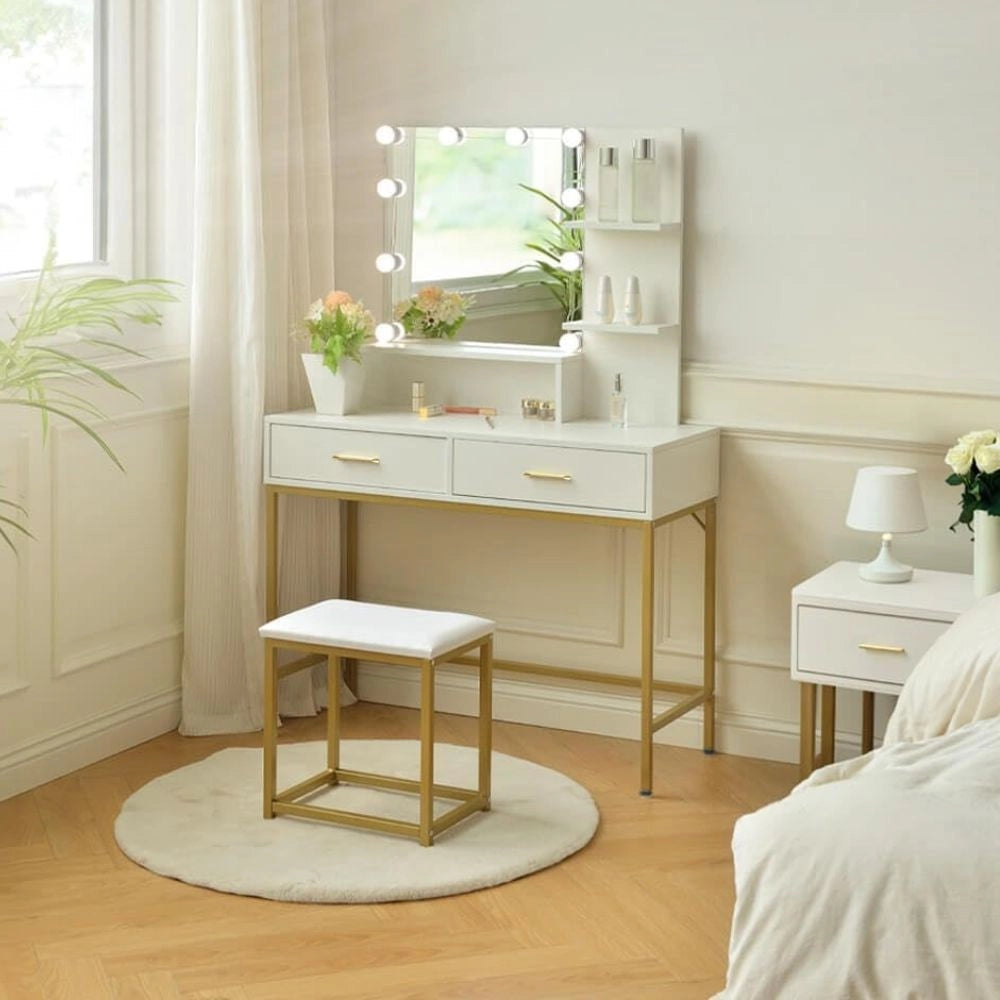 Toeletta da trucco Lunar bianca e oro con LED e sgabello 80x40x145H