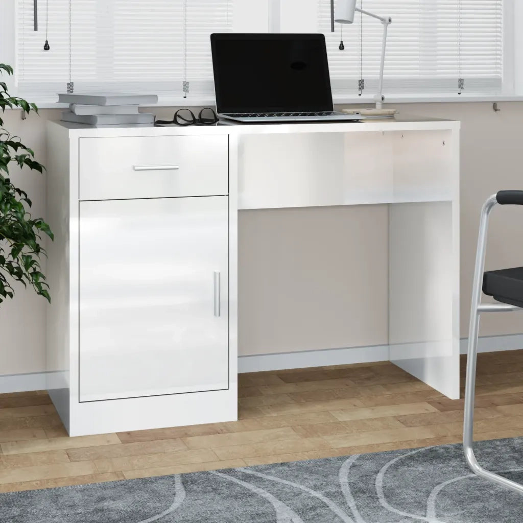 Scrivania | Tavolo da Ufficio Cassetto Bianco Lucido 100x40x73cm Legno Multistrato
