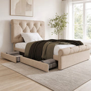Letto singolo imbottito 90x200 cm con 2 cassetti; testiera regolabile e materasso; naturale