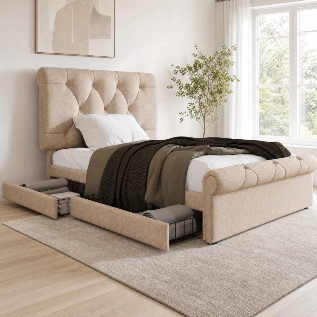 Letto singolo imbottito 90x200 cm con 2 cassetti; testiera regolabile e materasso; naturale