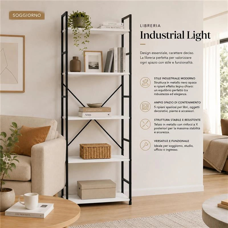 LIBRERIA STILE INDUSTRIAL A 5 RIPIANI IN LEGNO E METALLO DIMENSIONI 59X24X144CM - COLORE BIANCO LEGNO