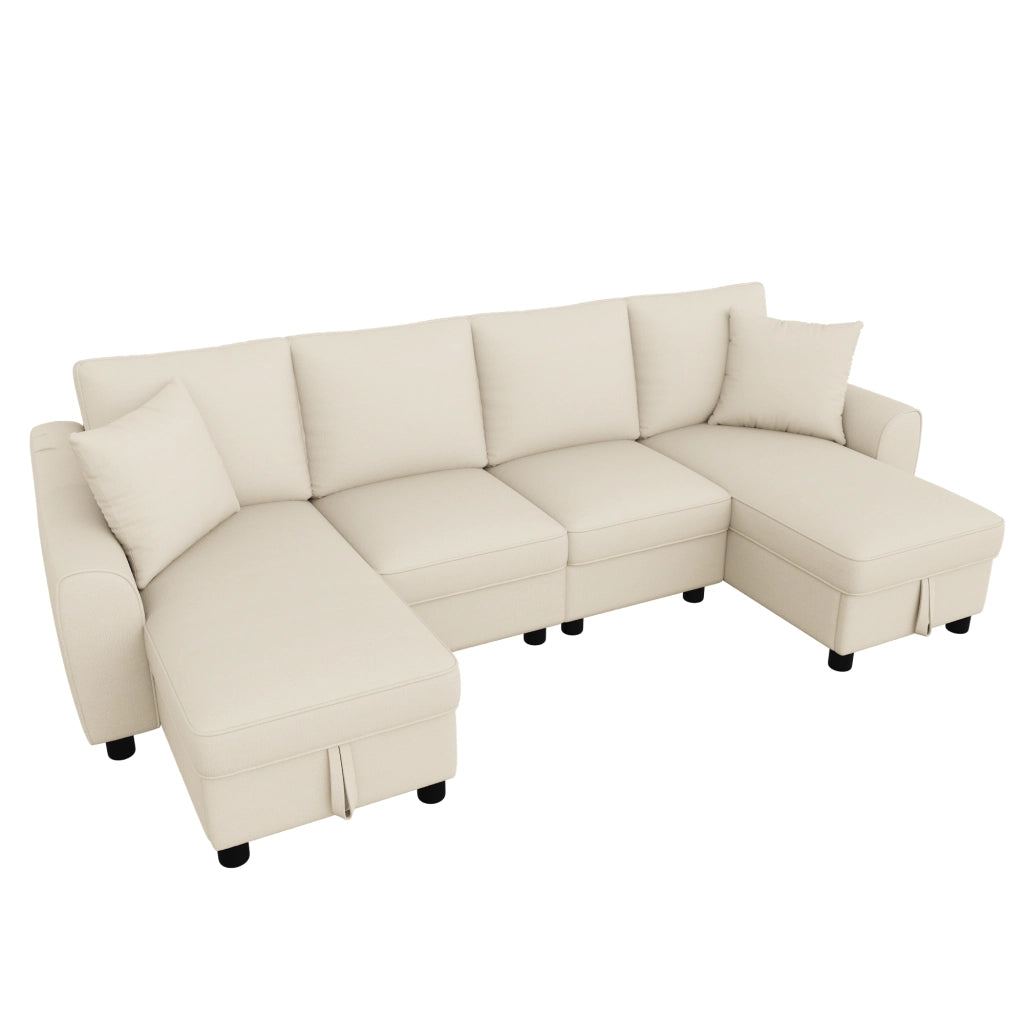 Divano modulare U a 2 posti con chaise longue, rivestimento in chenille, beige, 280 ¡Á 137 ¡Á 84 cm