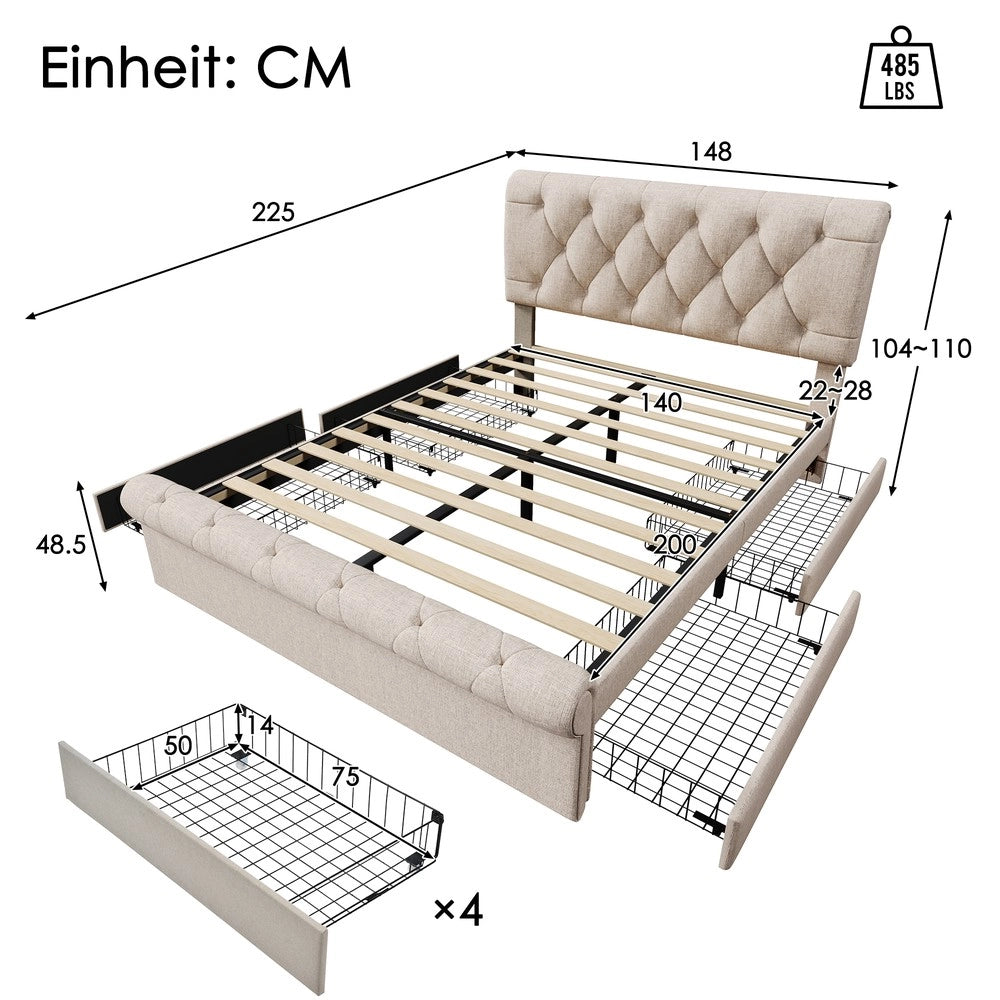 Letto Matrimoniale Imbottito con Cassetti e Testiera ¨C MINIMAL ¨C 140x200, con materasso