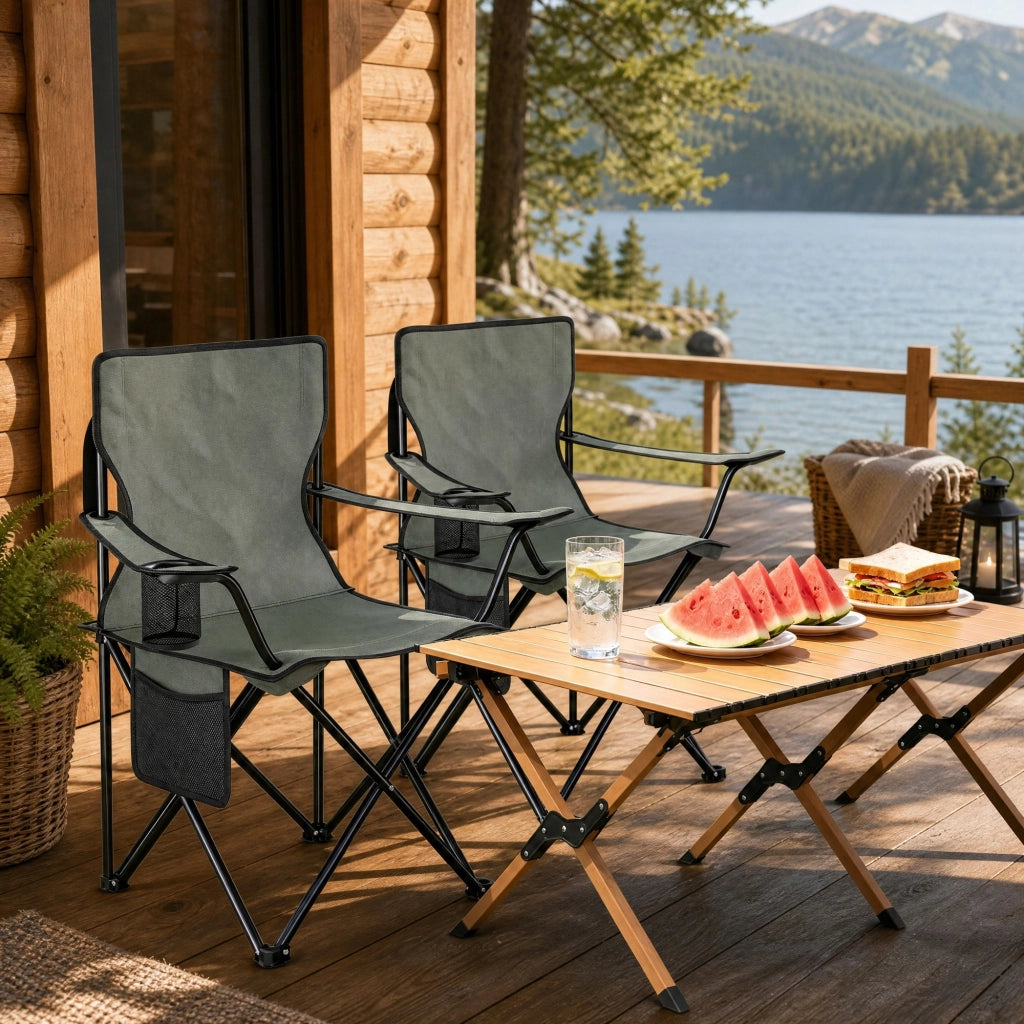SEDIA da campeggio pieghevole set da 2 pezzi con portabicchieri 47x76x80,5 cm grigio scuro