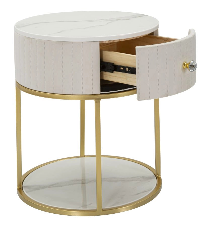 Comodino con cassetto crema, metallo dorato, piano in similmarmo 42x48cm Montpellier