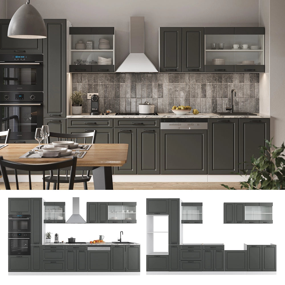 Mobile da cucina R-Line Antracite rustico/Bianco 350 cm con armadio alto, PL Antracite Vicco