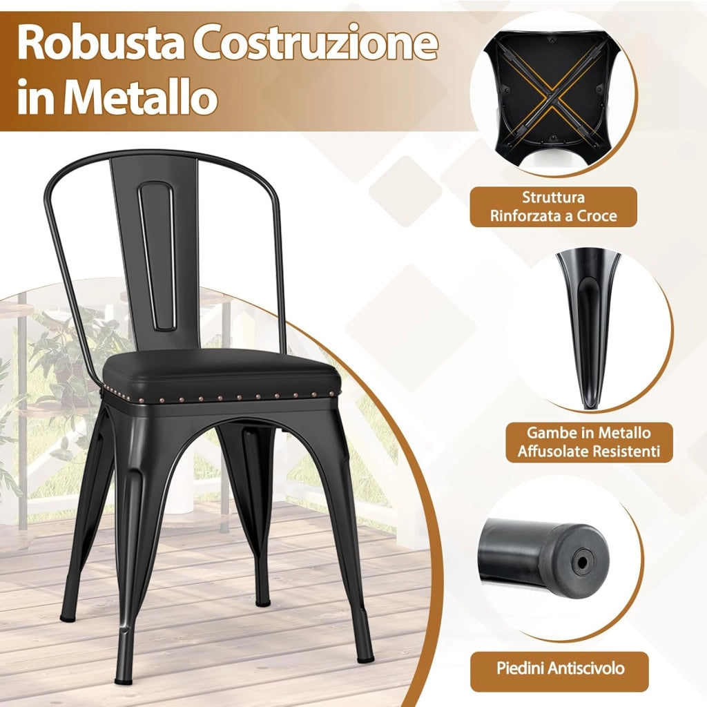 4 Sgabelli Cucina 53 x 44 x 84 cm, Sedie Impilabili con Schienali Rimovibili e Sedile Imbottito in Finta Pelle, Sgabelli in Metallo per Ristorante, Bistro e Bar (Nero)