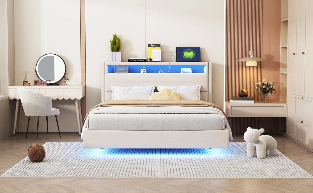 Letto matrimoniale – 140x200 cm – USB LED testiera reversibile – lino beige