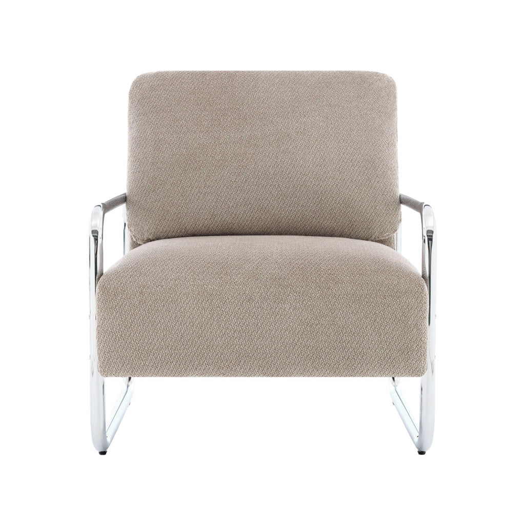 Poltrona vintage in tessuto chenille con struttura cromata, beige