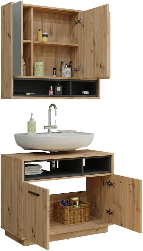 Set di mobili da bagno Beatrice, Rovere artigianale, 80 cm, composto da specchio da bagno e mobile sottolavabo