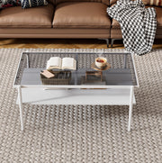 Tavolino da salotto con piano in vetro temperato e vano portaoggetti in MDF grigio e bianco