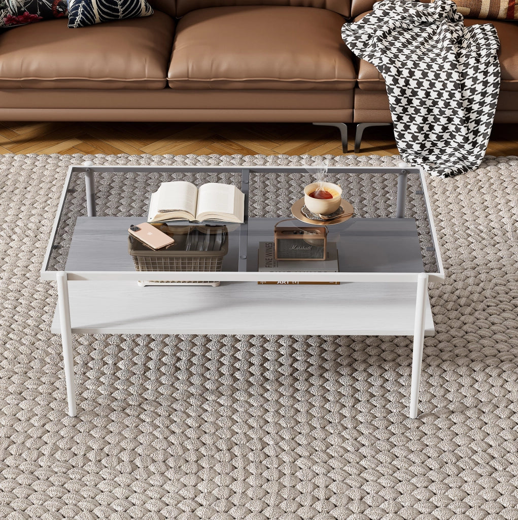 Tavolino da salotto con piano in vetro temperato e vano portaoggetti in MDF grigio e bianco