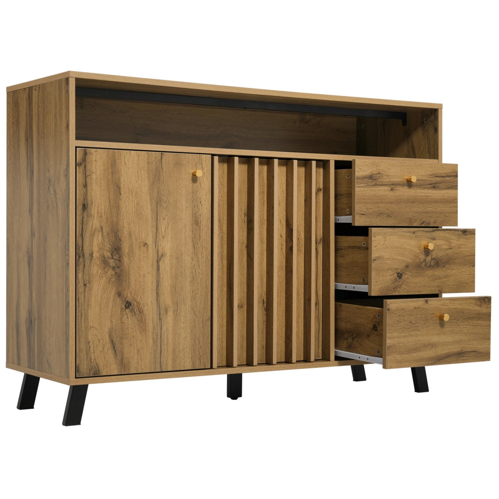 Credenza 120x40x85 cm con 3 cassetti; 2 ante e vano aperto in legno rovere scuro
