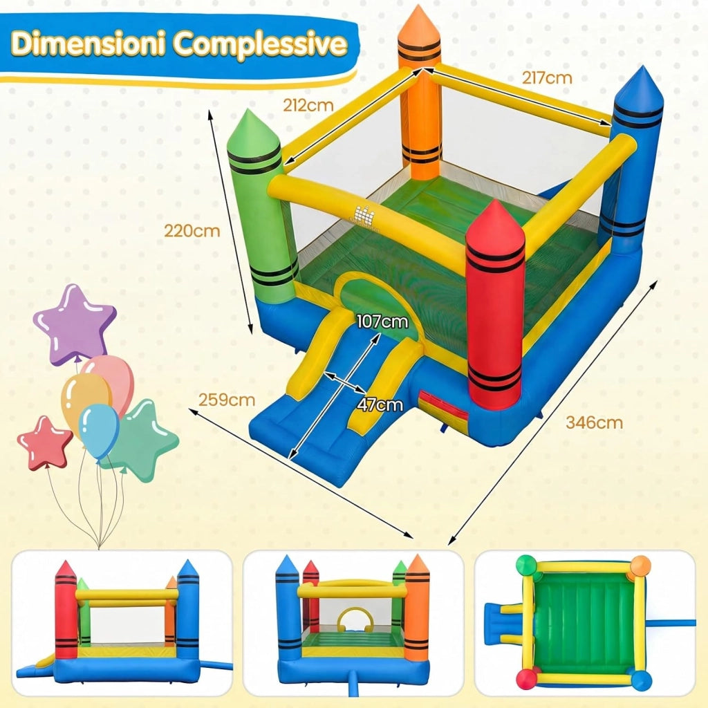 Castello Gonfiabile per Bambini, Casa Gonfiabile con Salto e Scivolo, Borsa di Trasporto e Kit di Riparazione, per 2 Bambini 3-12 Anni, Adatto per Esterno e Interno