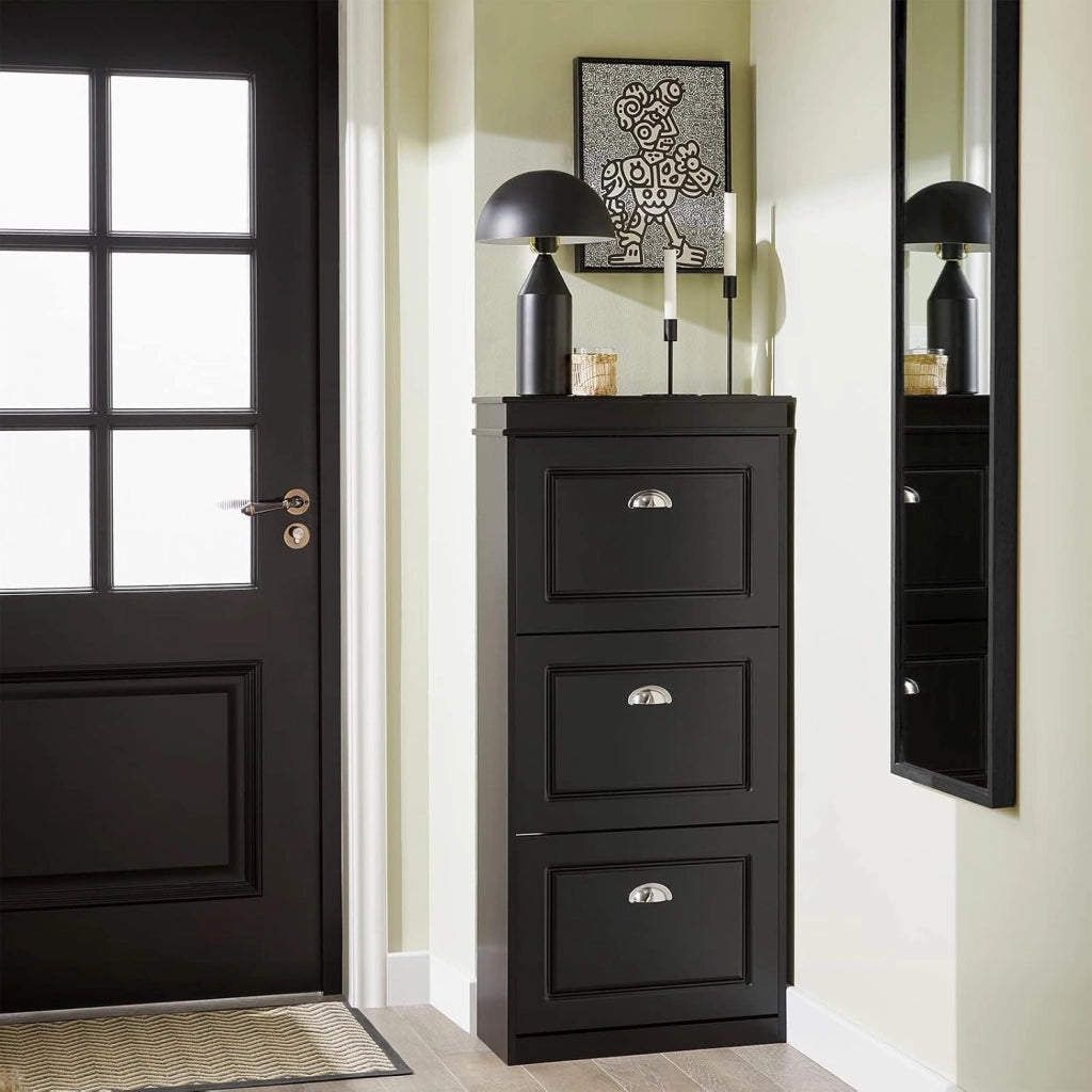 Scarpiera Salvaspazio Slim Legno - Mobile Scarpiera Ingresso Moderna 3 Ante a Ribalta, per Ingresso, Corridoio o Camera da Letto 53x24x117cm Nera FSR94-SCH