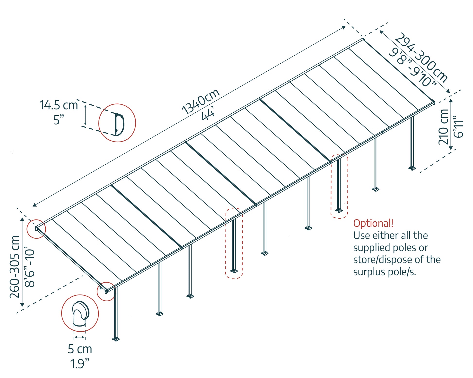 Pergola Addossata in Alluminio  3X13.4 m colore Grigio - Canopia Feria