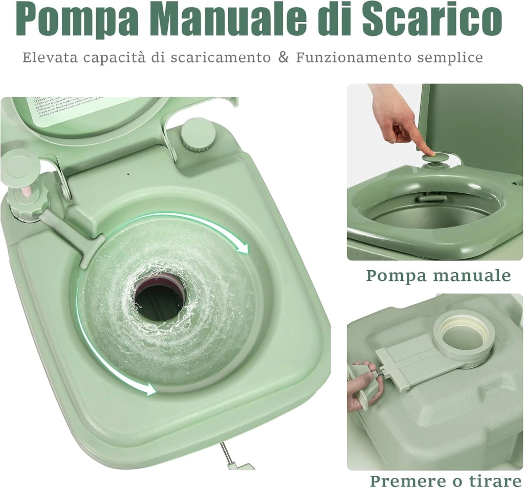 WC Portatile 20L, Bagno Chimico con 2 Serbatoi Rimovibili, Coperchio Anti-Odore, Maniglia, Carico Massimo 150 KG, Toilette Portatile per Campeggio, Viaggi, Auto, 36 X 42 X 43 CM (Verde)