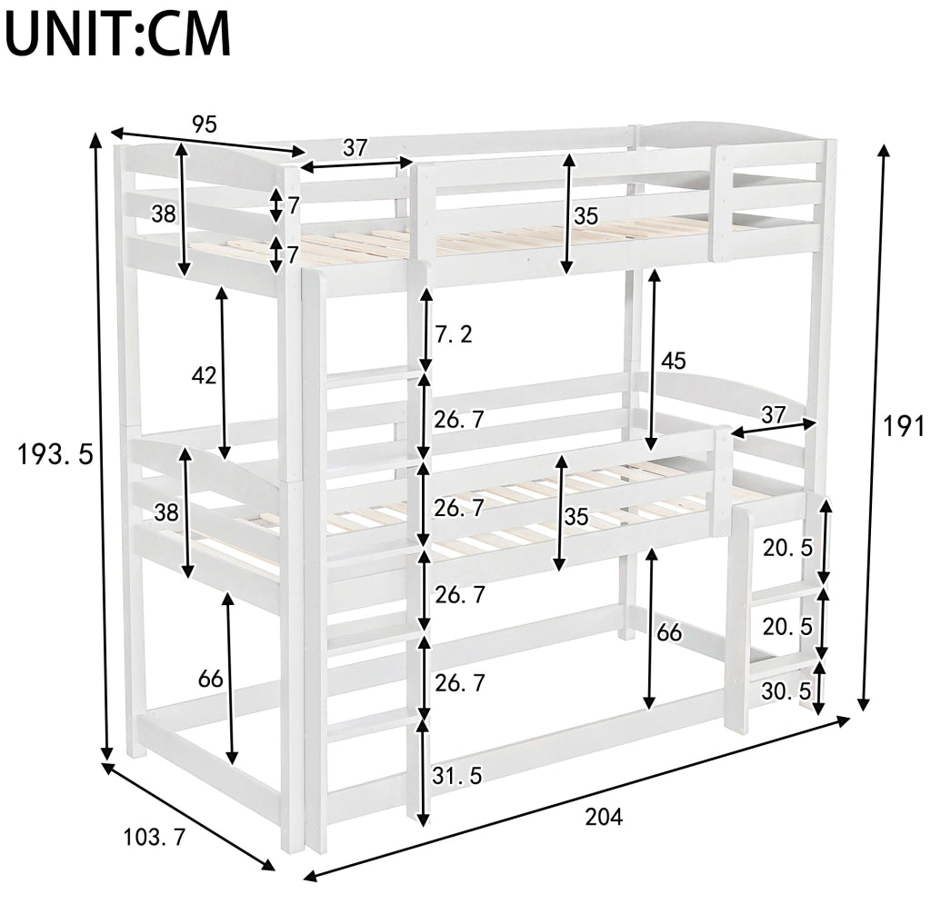 Letto a castello triplo per bambini 90x200 cm in pino e MDF; bianco