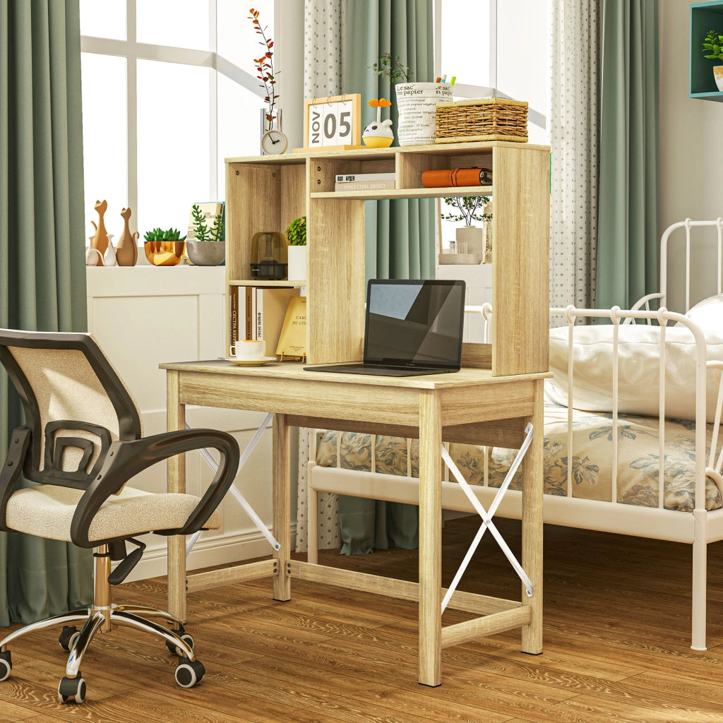 Scrivania con libreria integrata in legno rovere con ripiani e piano grande per ufficio ¨C Xylo