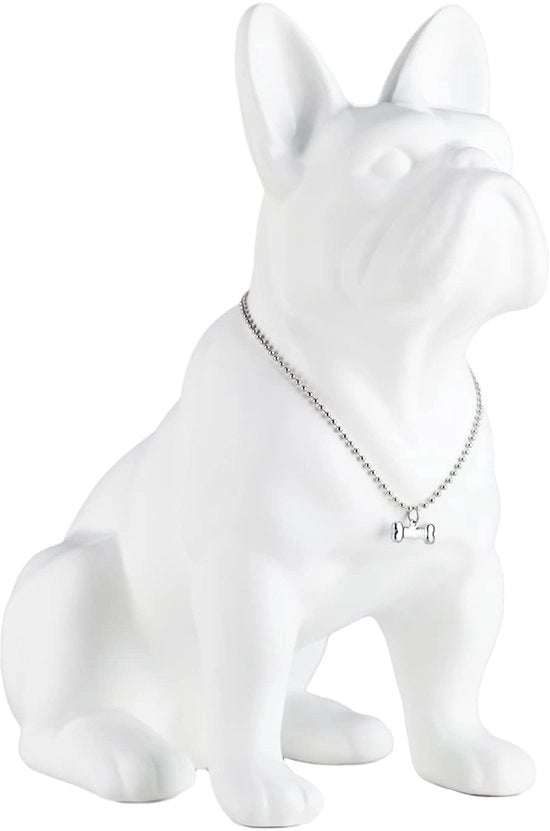 Decorativo oggetto in forma di bulldog francese – statuetta di cera con catenina argentata – figura decorativa per soggiorno, ufficio, ingresso e camera da letto (bianco, 31 cm)