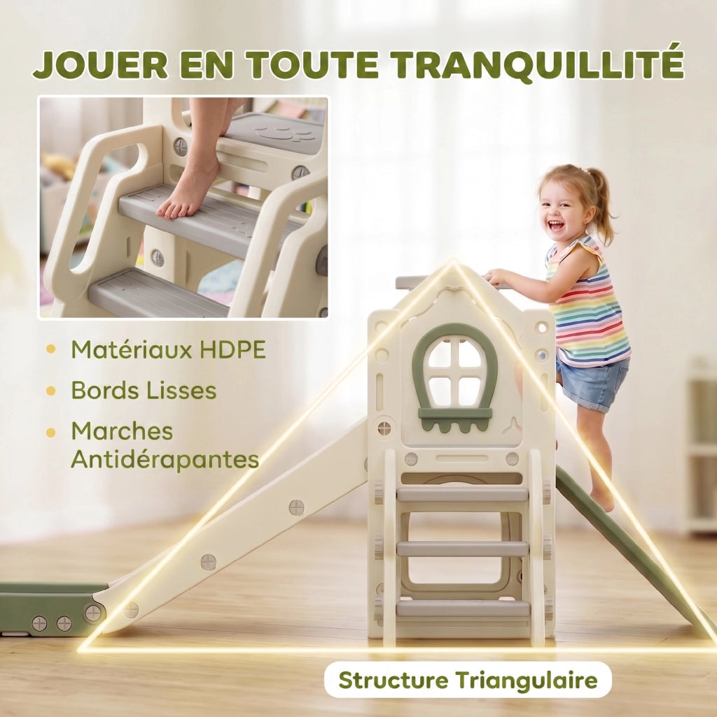 Scivolo per Bambini Pieghevole 5 in 1 con Canestro da Basket e Contenitore, per Casa, Crema
