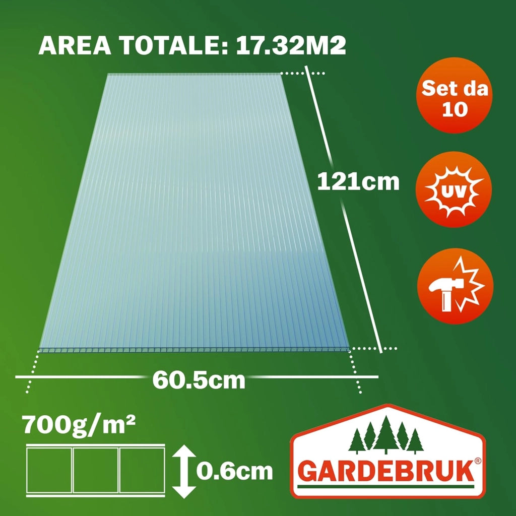 10x Lastre Alveolari Doppia Parete 6 mm Adattabili 121x60,5 cm Policarbonato 7,3m² Trasparenti Serre Pannelli