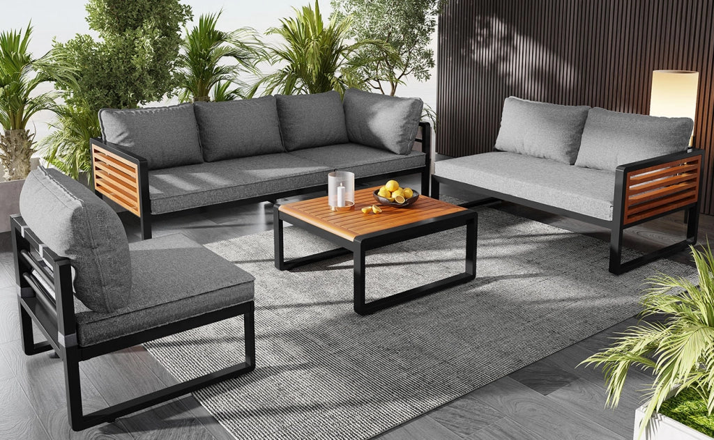Mobili da giardino moderni per cinque sei persone divani esterni con struttura ferro zincato braccioli decorativi in legno arredamento ideale per balcone terrazzo e giardino