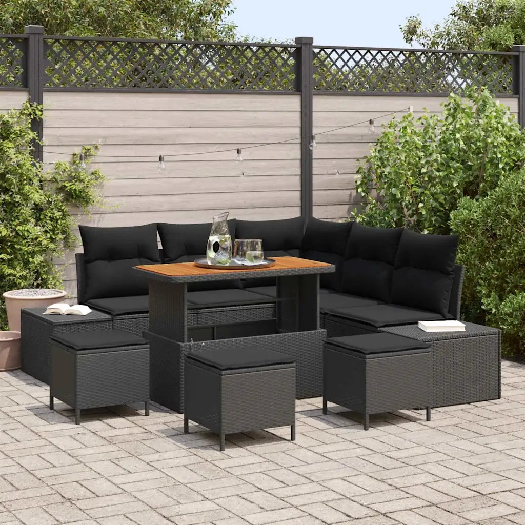 Set Divano da Giardino con cuscino 9 pcs Nero Poly Rattan 3364739