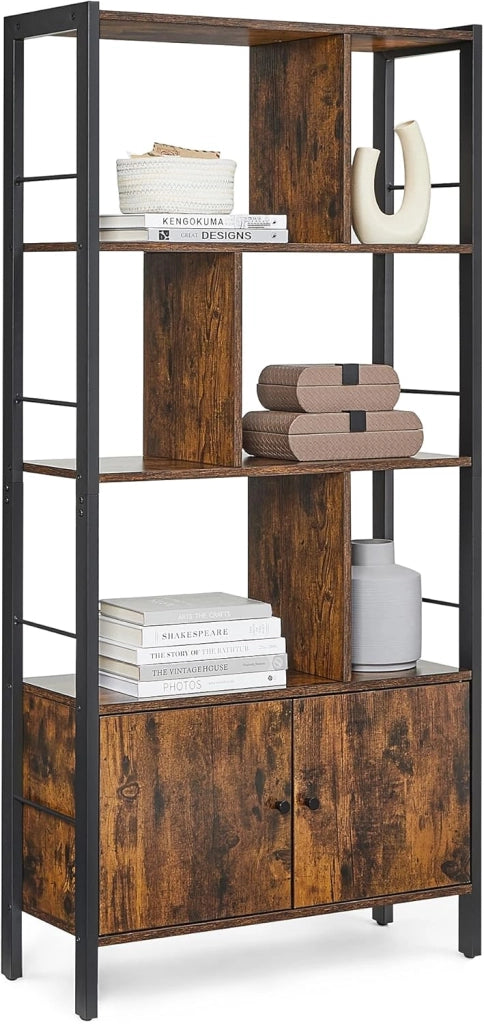 VASAGLE LBC022B50 - Libreria grande con ante, 4 ripiani, struttura in acciaio, stile industriale, per soggiorno, ufficio, colore rovere tostato e nero